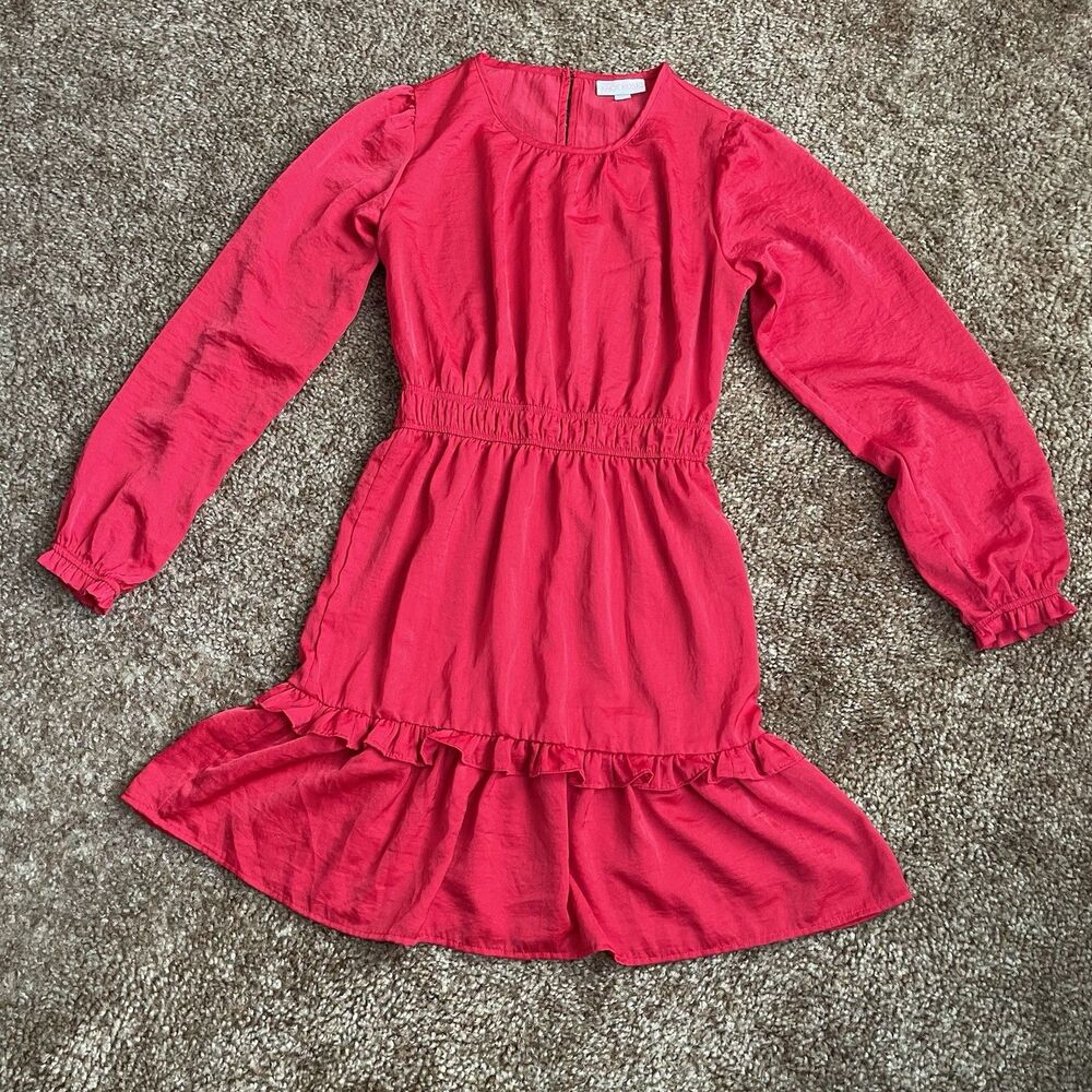 Knox Rose Dress XS Red Satin Long Sleeve A Line Ruffles Party Casual Holiday